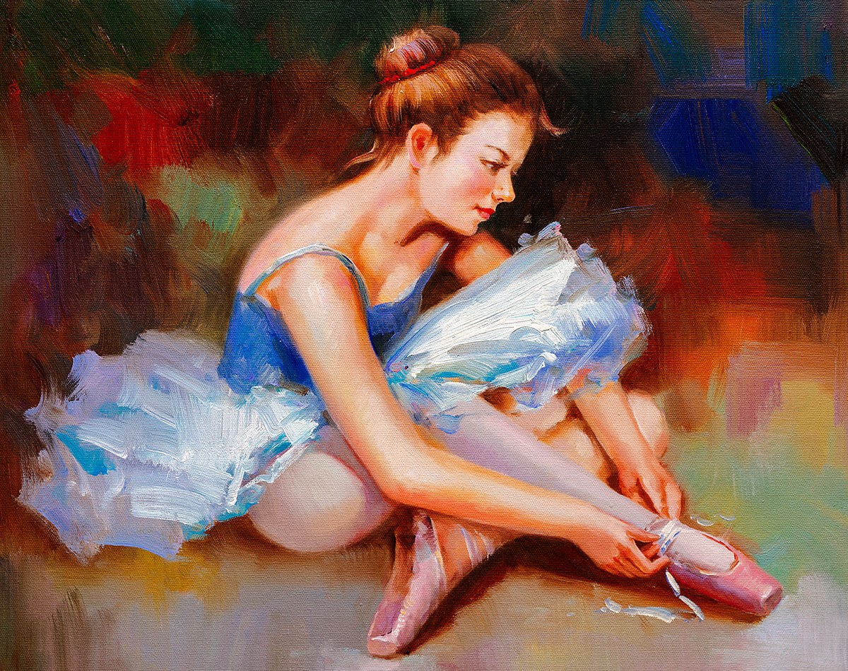 Oil painting ballerina putting on her ballet flats