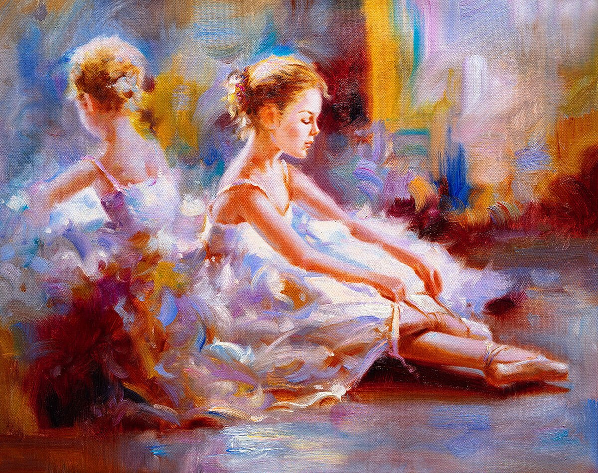 Beautiful ballerina dressing her pointe shoes, oil painting