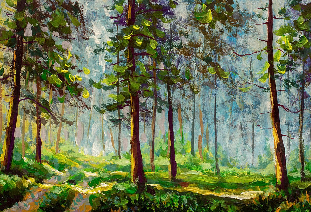 Painting with green trees in the forest