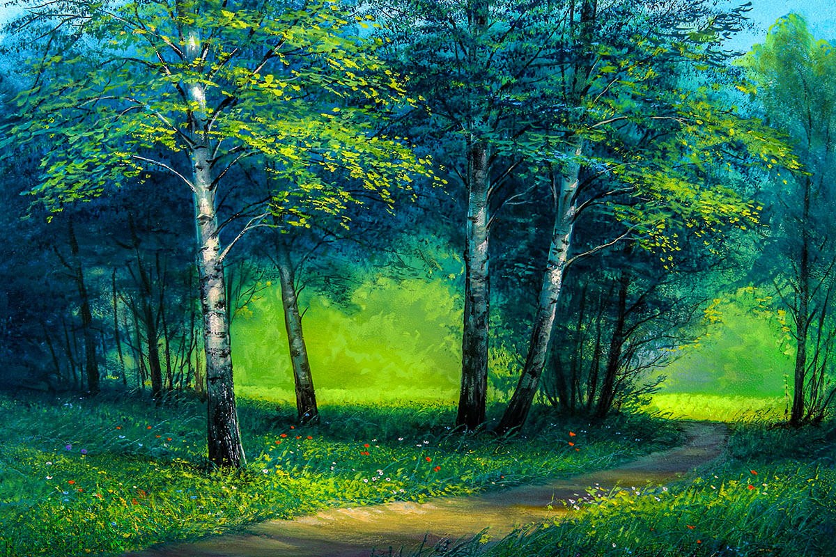 Painting with a winding path in the forest
