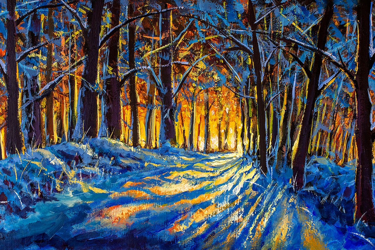 Winter landscape in the evening forest, oil painting