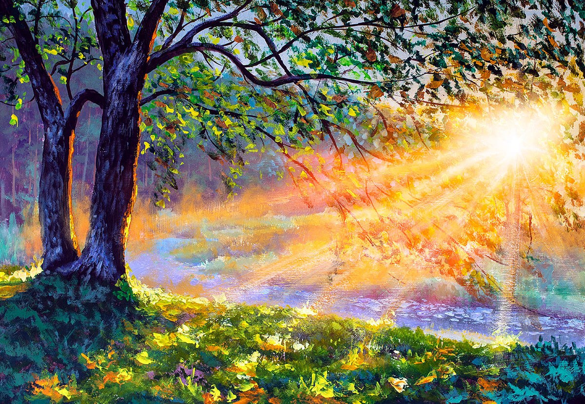 Sunny morning in the forest, original painting