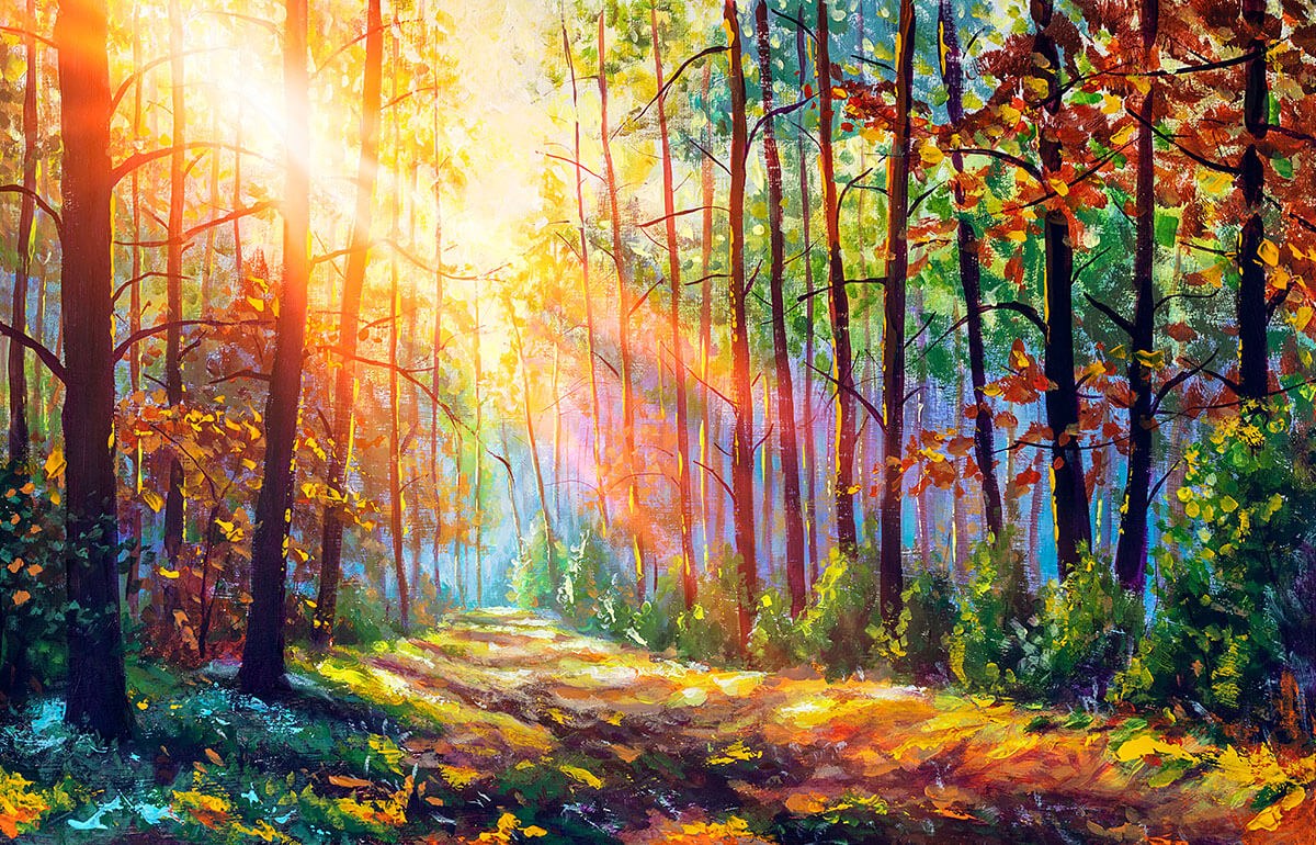 Bright morning sunlight through the leaves of the trees in the forest, original painting