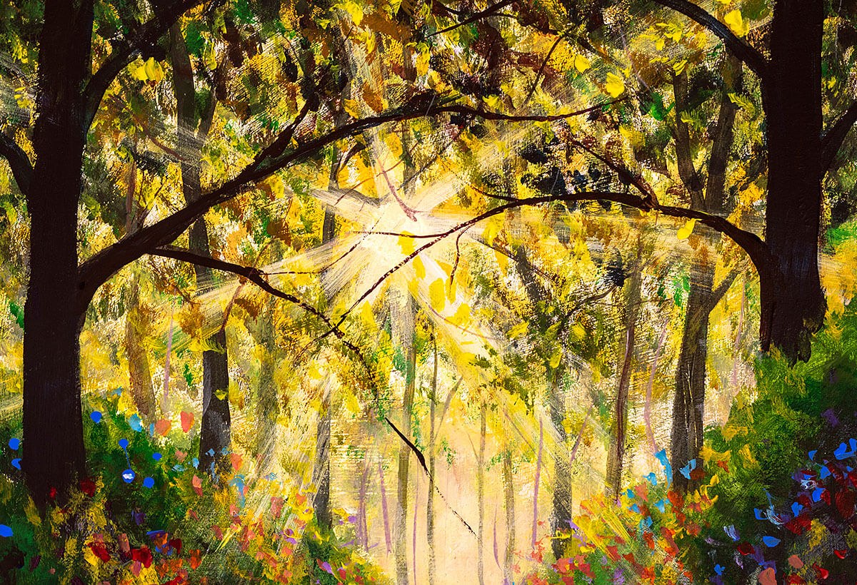 The sun breaks through the trees in the forest, original painting