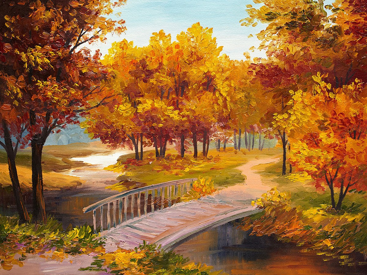 Trees with yellow foliage and wooden bridge, oil painting