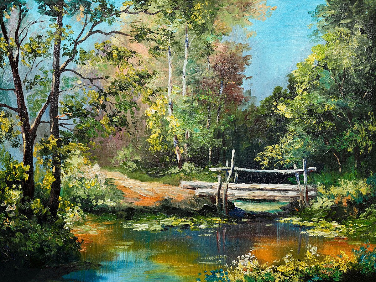 Dense forest and wooden bridge, original oil painting on canvas