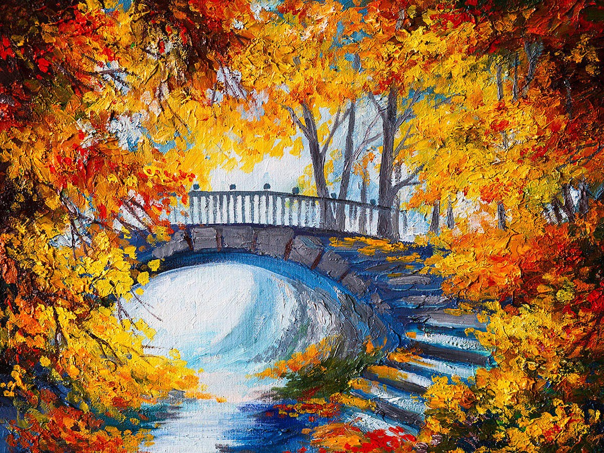 Beautiful painting with a winding bridge in the forest