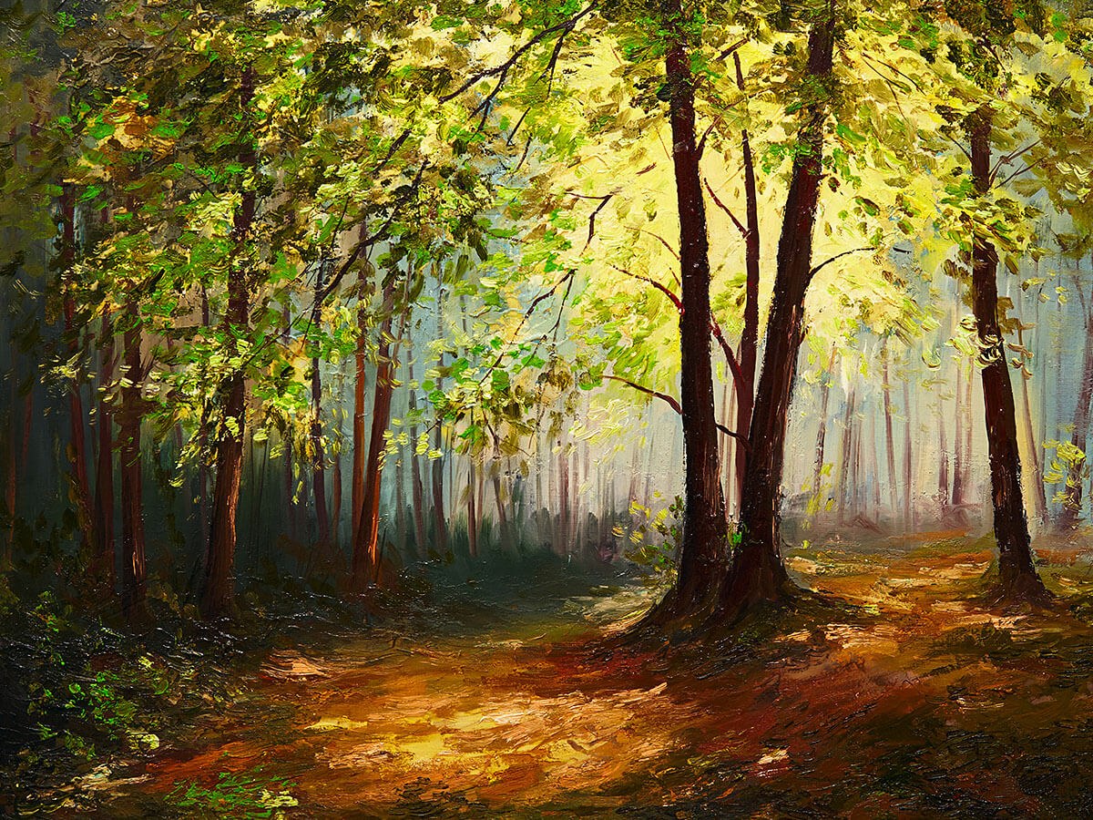 Painting with magnificent forest landscape