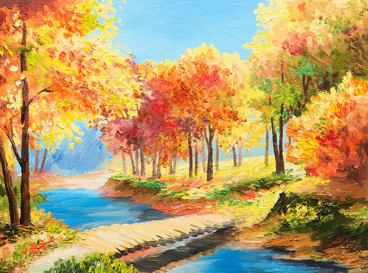 Various trees in the forest and bridge, oil painting