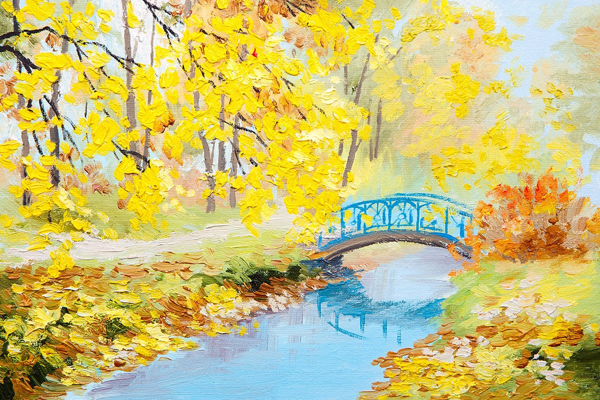 Original painting with yellow leaves and a bridge in the forest