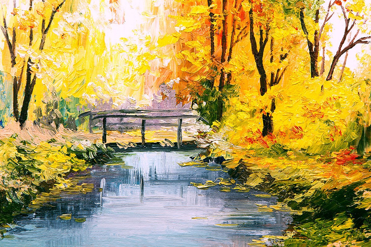 Original oil painting with a bridge in the forest