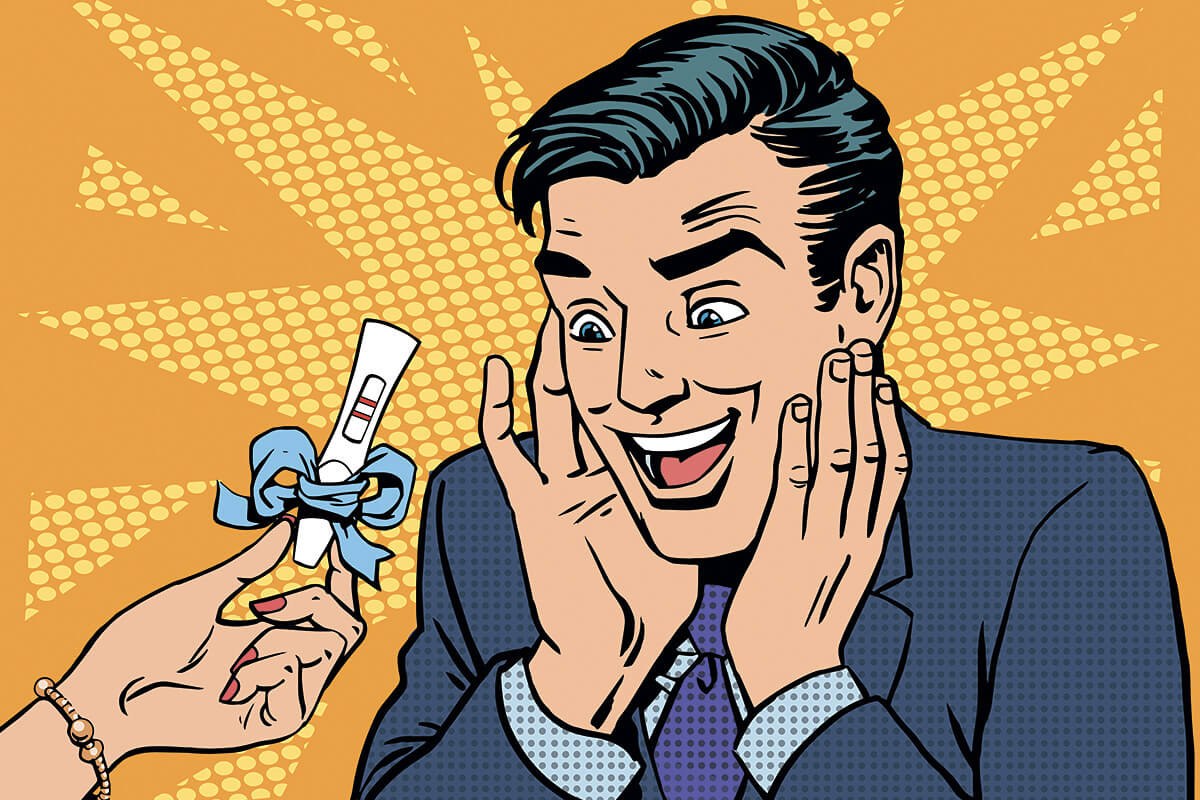 Happy man sees his woman's positive pregnancy test