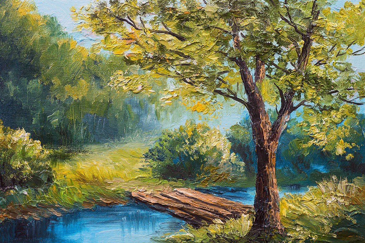 Painting with a wooden bridge in the forest
