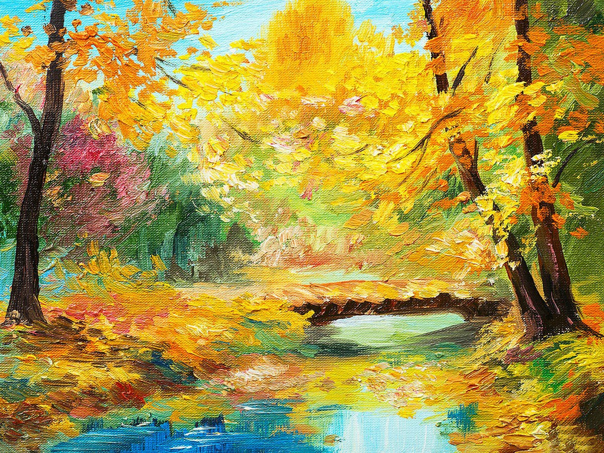 Trees and a bridge in a dense forest, original painting