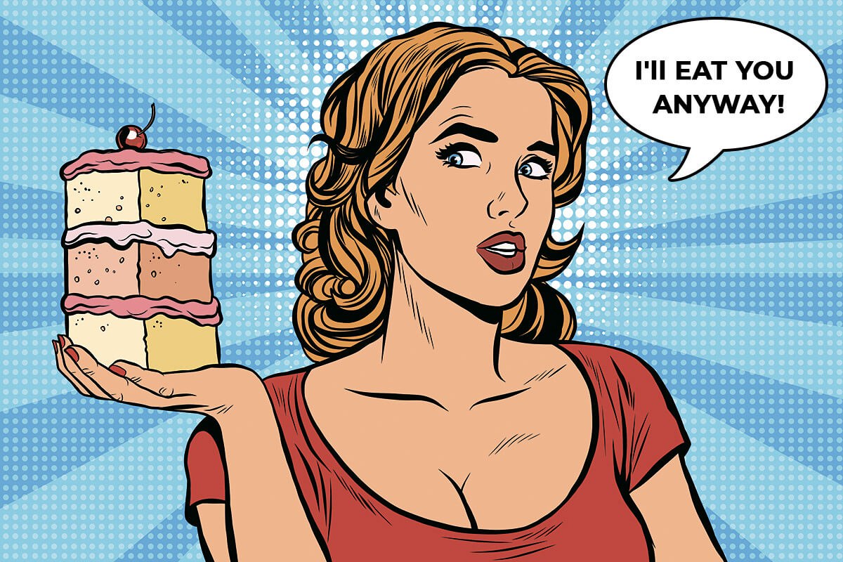 Cute girl with a big piece of cake in her hands