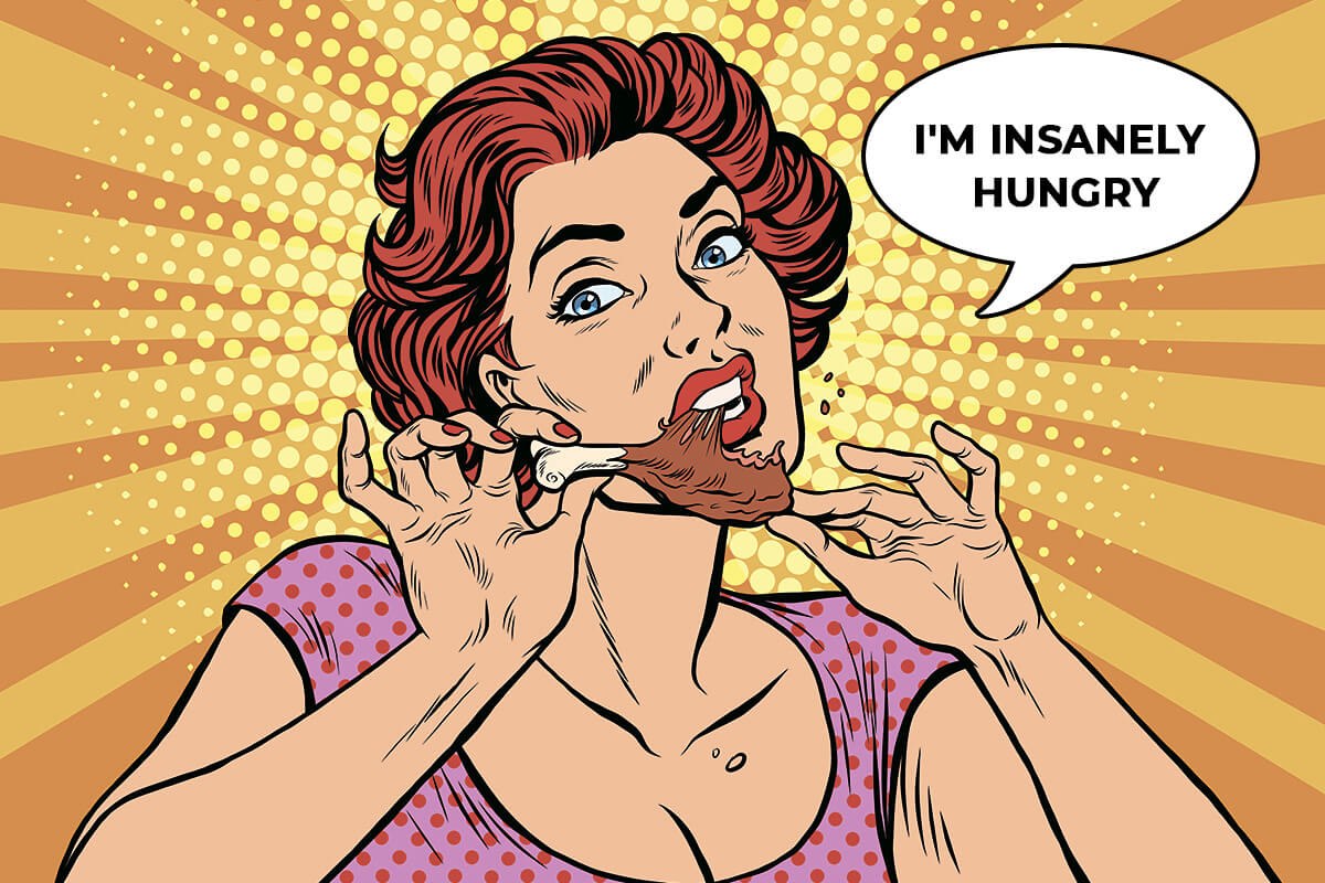 Picture of an insanely hungry woman who is greedily eating a piece of chicken