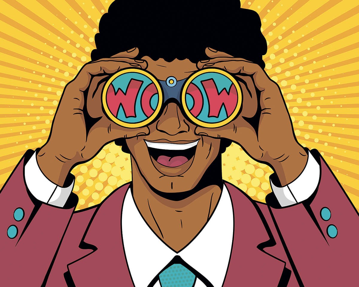 Joyful man looking through binoculars