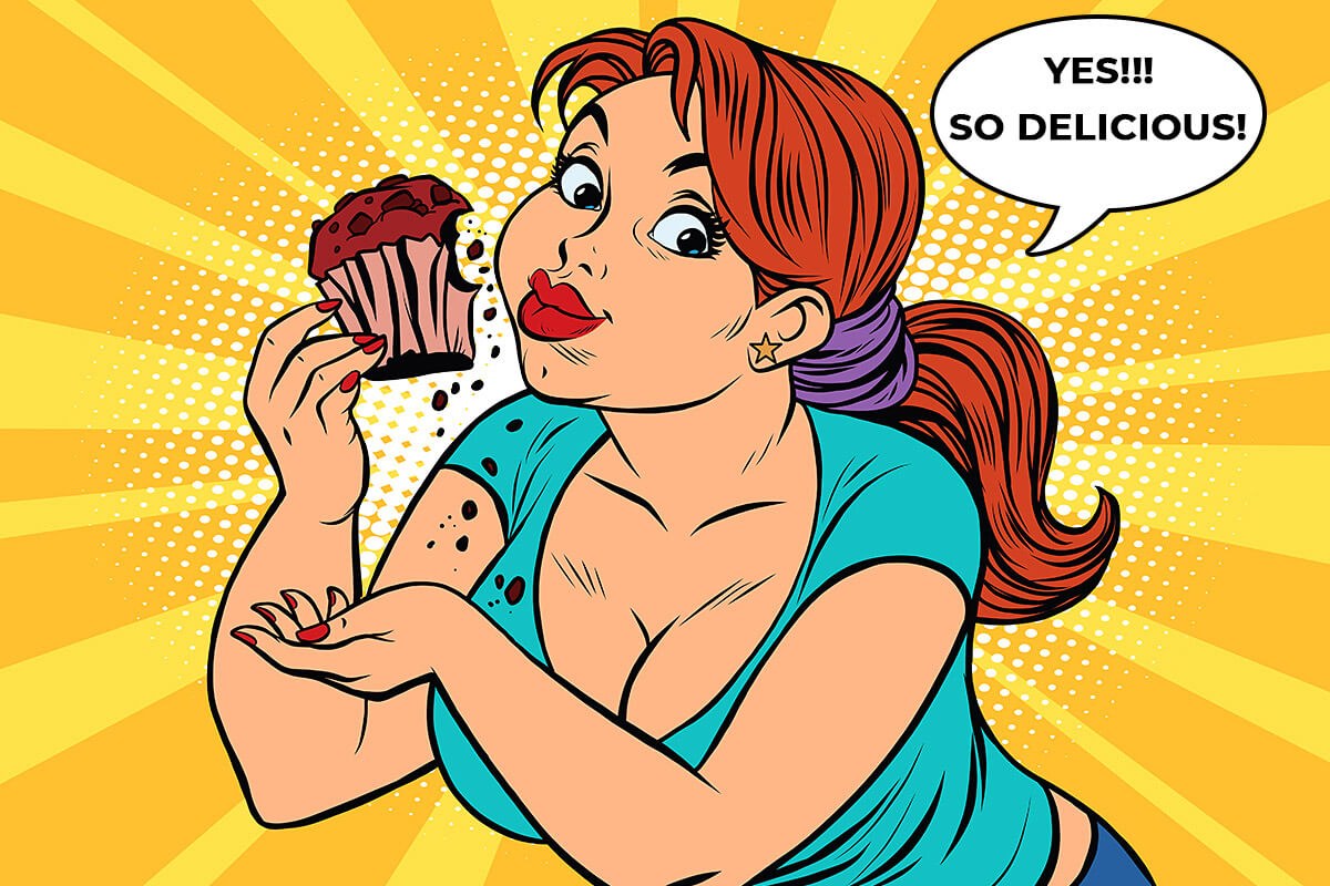 Curvy lady eating delicious cake