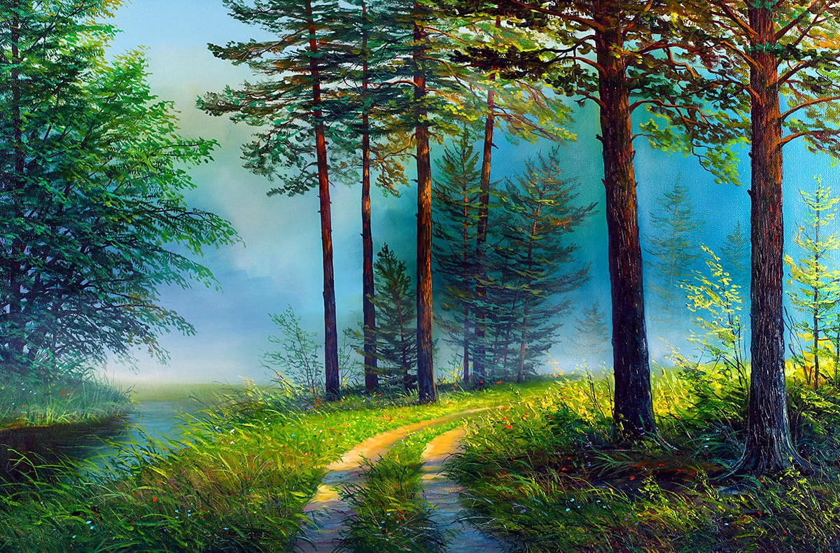 Painting with forest path and green grass