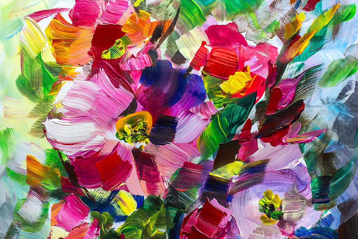 Painting with various bright flowers