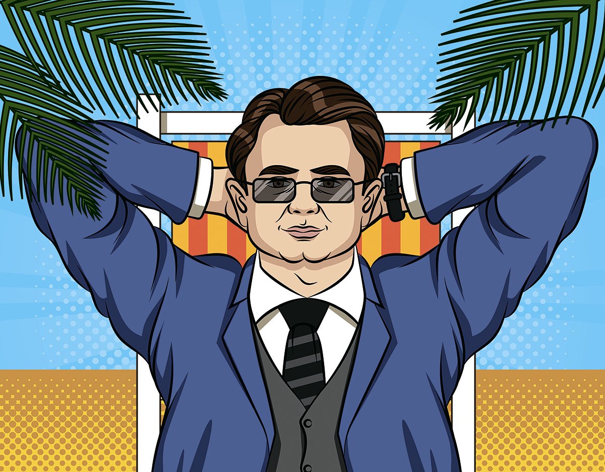 A businessman lies on a sun lounger under palm trees in a business suit