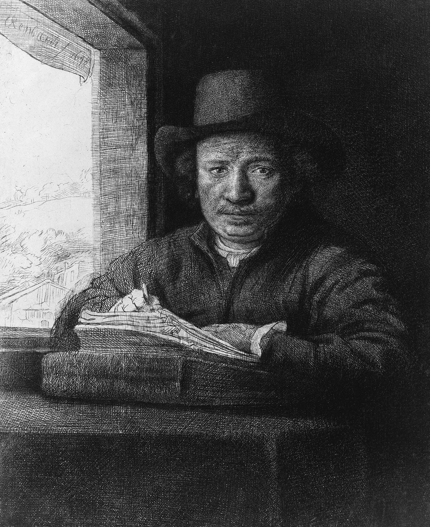 Self-Portrait Etching at a Window, Painter: Rembrandt van Rijn, 1648, Amsterdam, Netherlands, Original painting Self-Portrait Etching at a Window, Painter: Rembrandt van Rijn, 1648, Amsterdam, Netherlands, Original painting