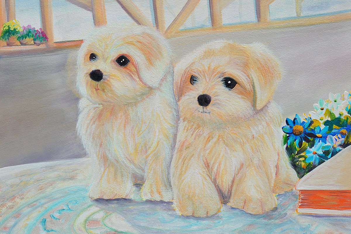 Cute oil painting with two white puppies
