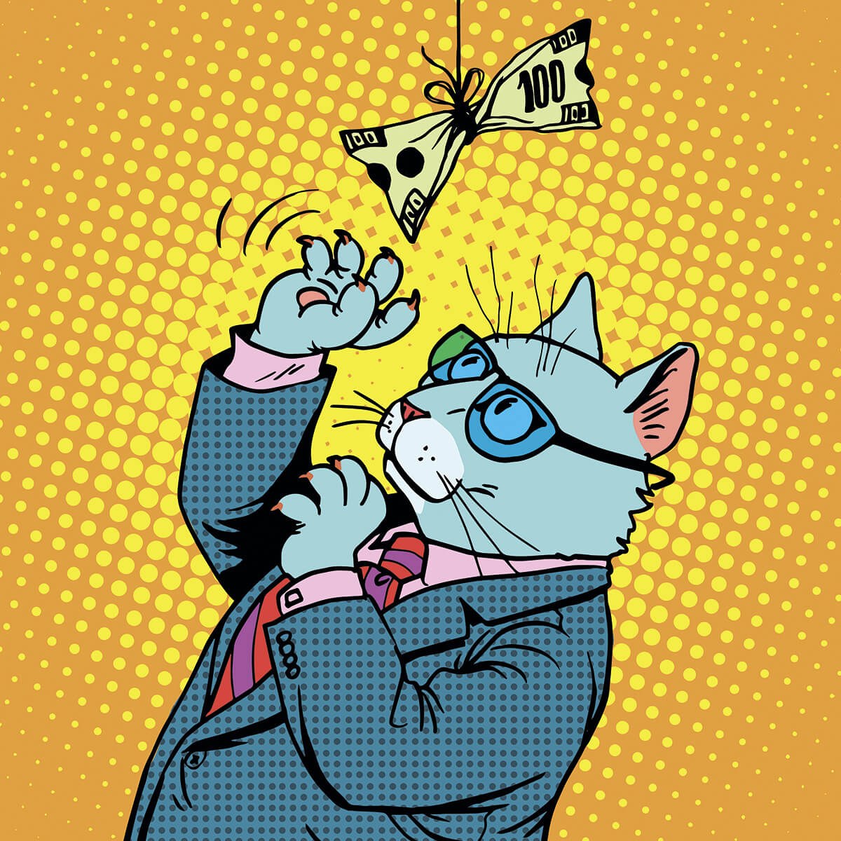 Funny cat playing with a banknote