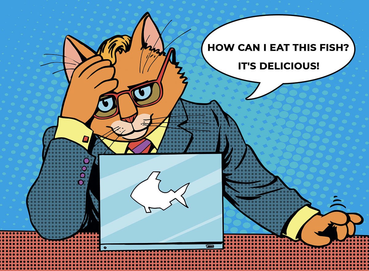 Picture of a cat looking at a laptop and dreaming of eating a fish