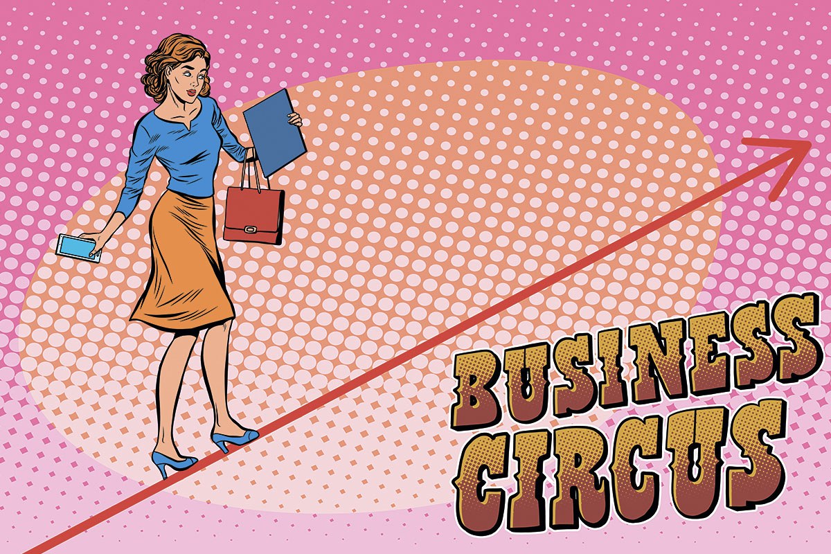 Business woman walking tightrope in circus