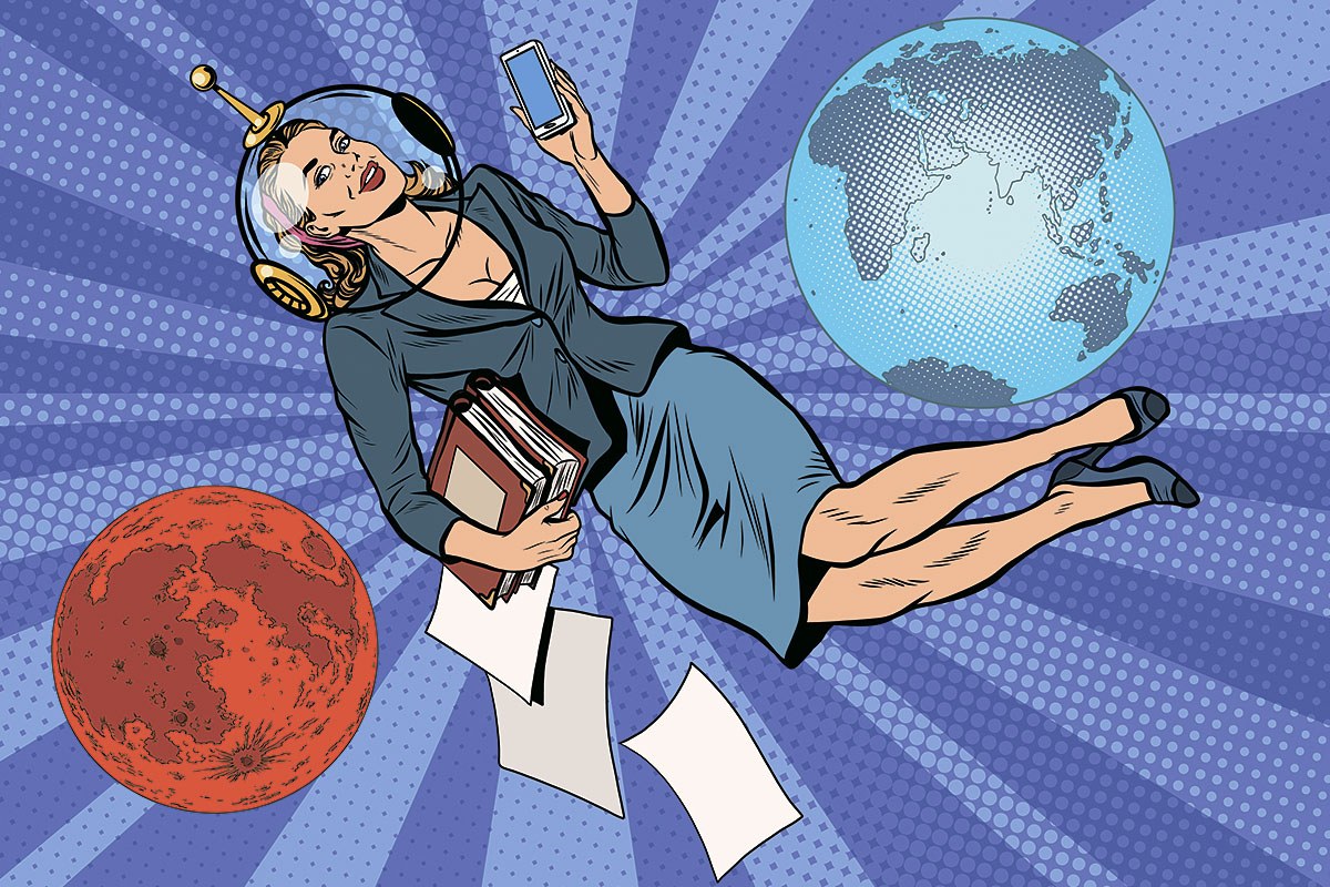 Cheerful picture of business woman in outer space with mobile phone