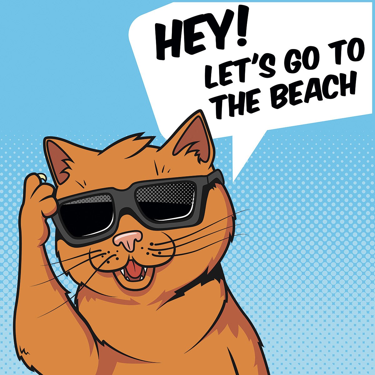 Comic cat invites everyone to go to the beach