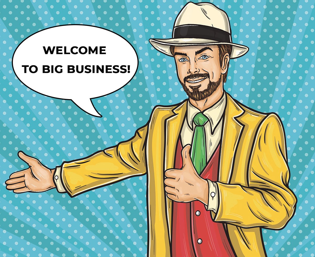 A cute man smiles and invites everyone to big business