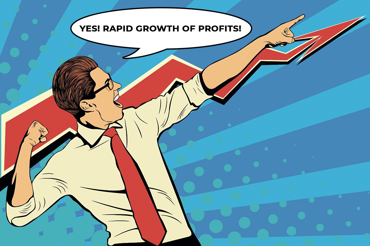 Funny picture of a business man shouting about profit growth