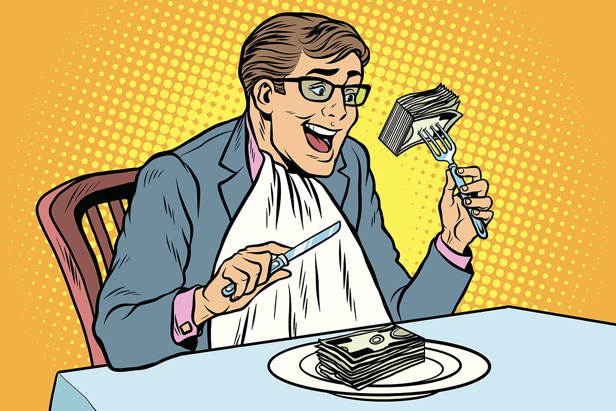 Funny picture with a businessman eating a wad of money for lunch