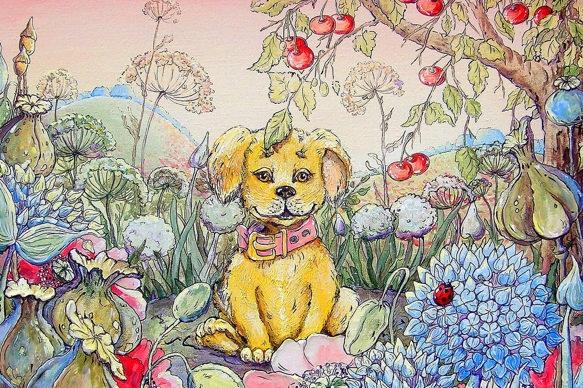 Dog sits surrounded by flowers, oil painting Dog sits surrounded by flowers, oil painting