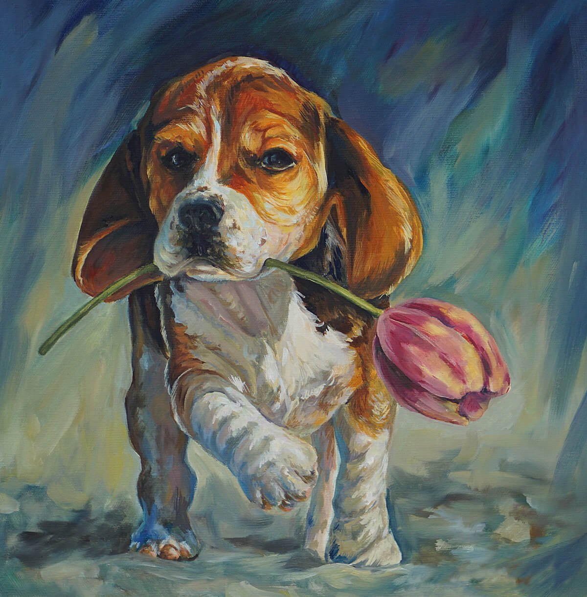 Dog with tulip, original oil painting Dog with tulip, original oil painting