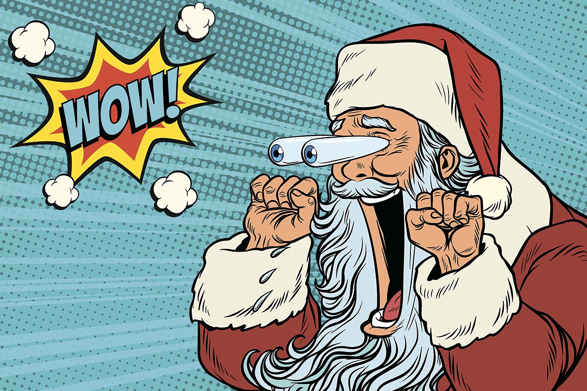 Comic picture of a stunned man in a Santa Claus costume Comic picture of a stunned man in a Santa Claus costume