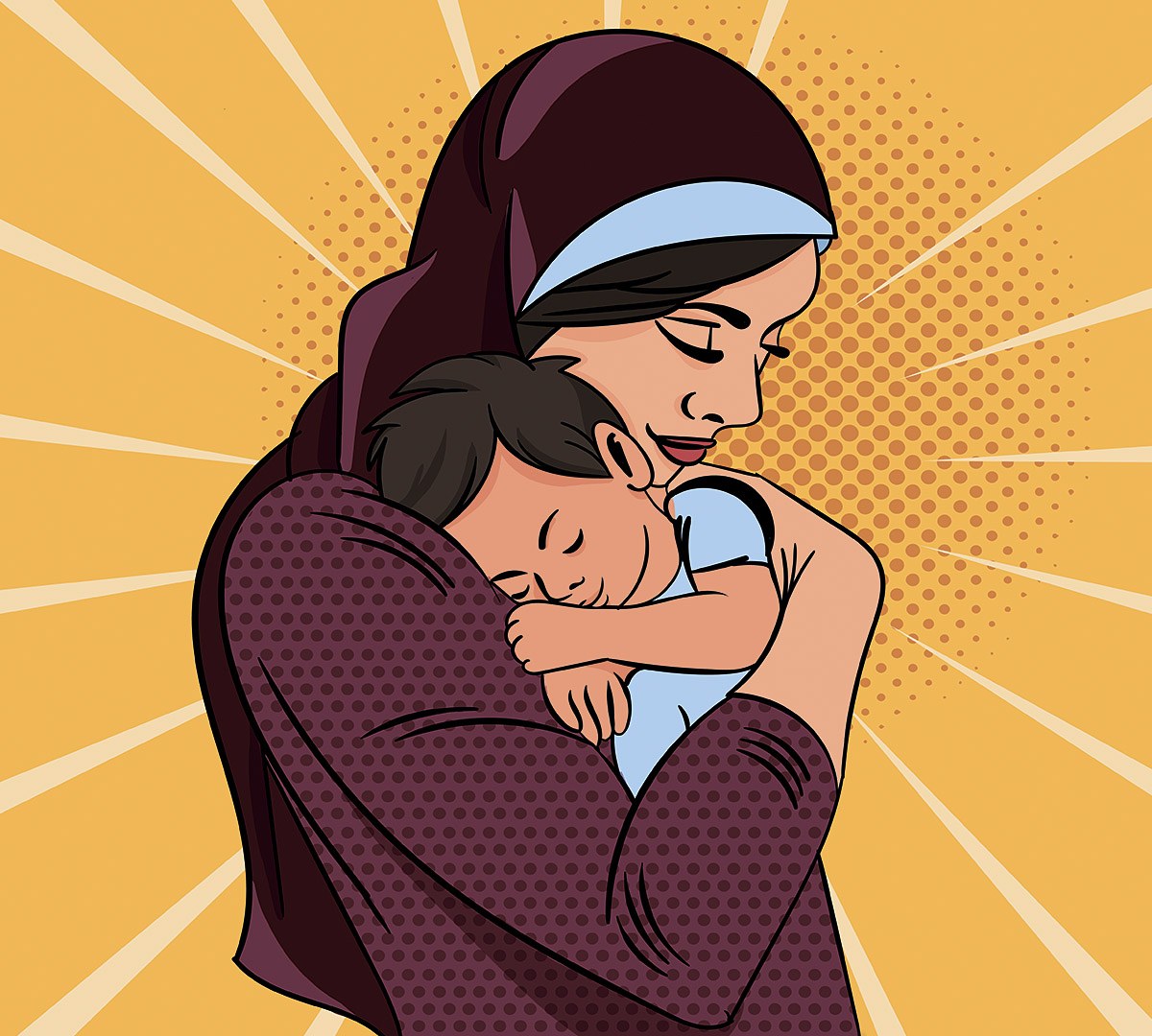 Mom gently hugs her beloved baby