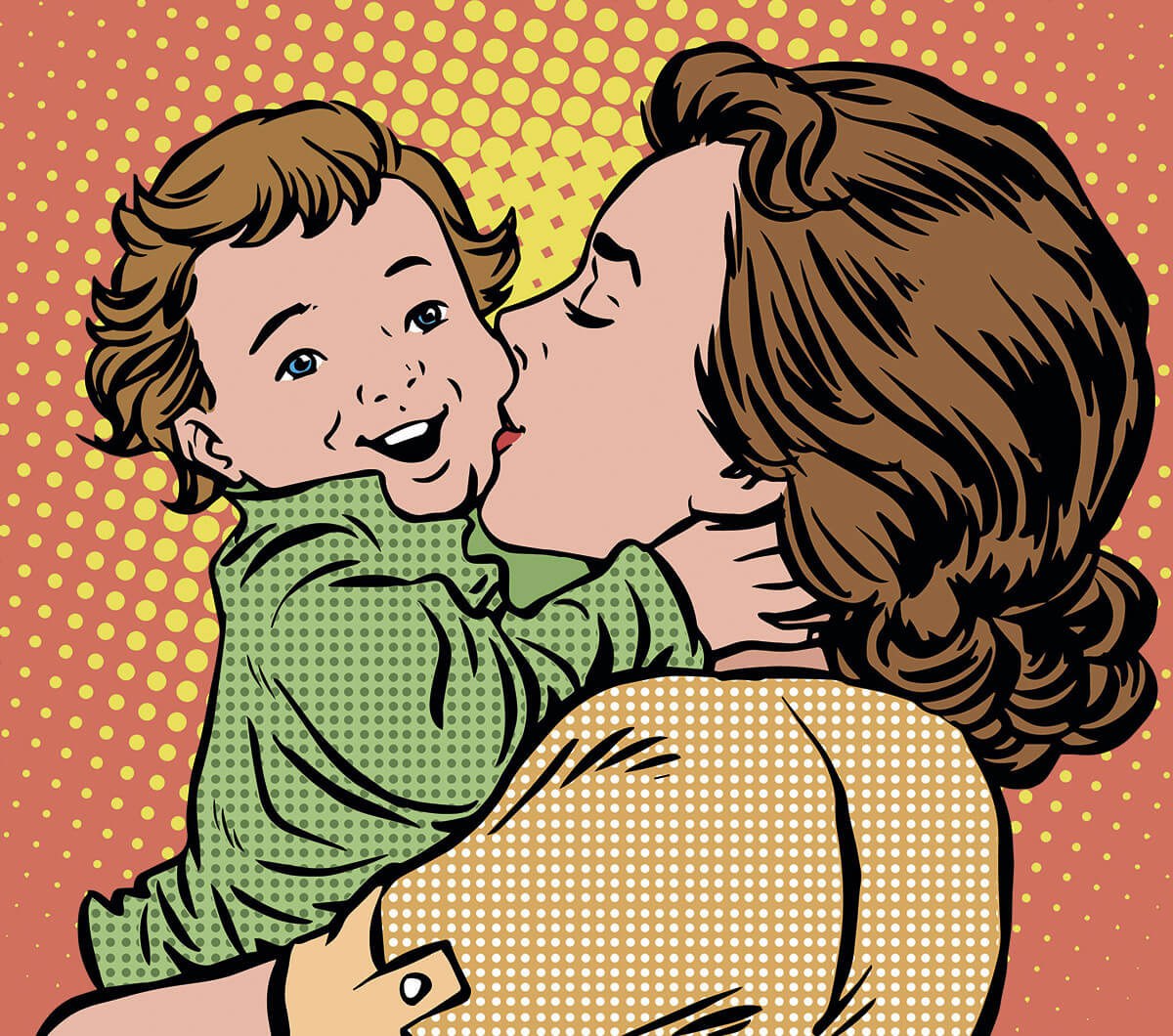 Mom hugs and kisses her child