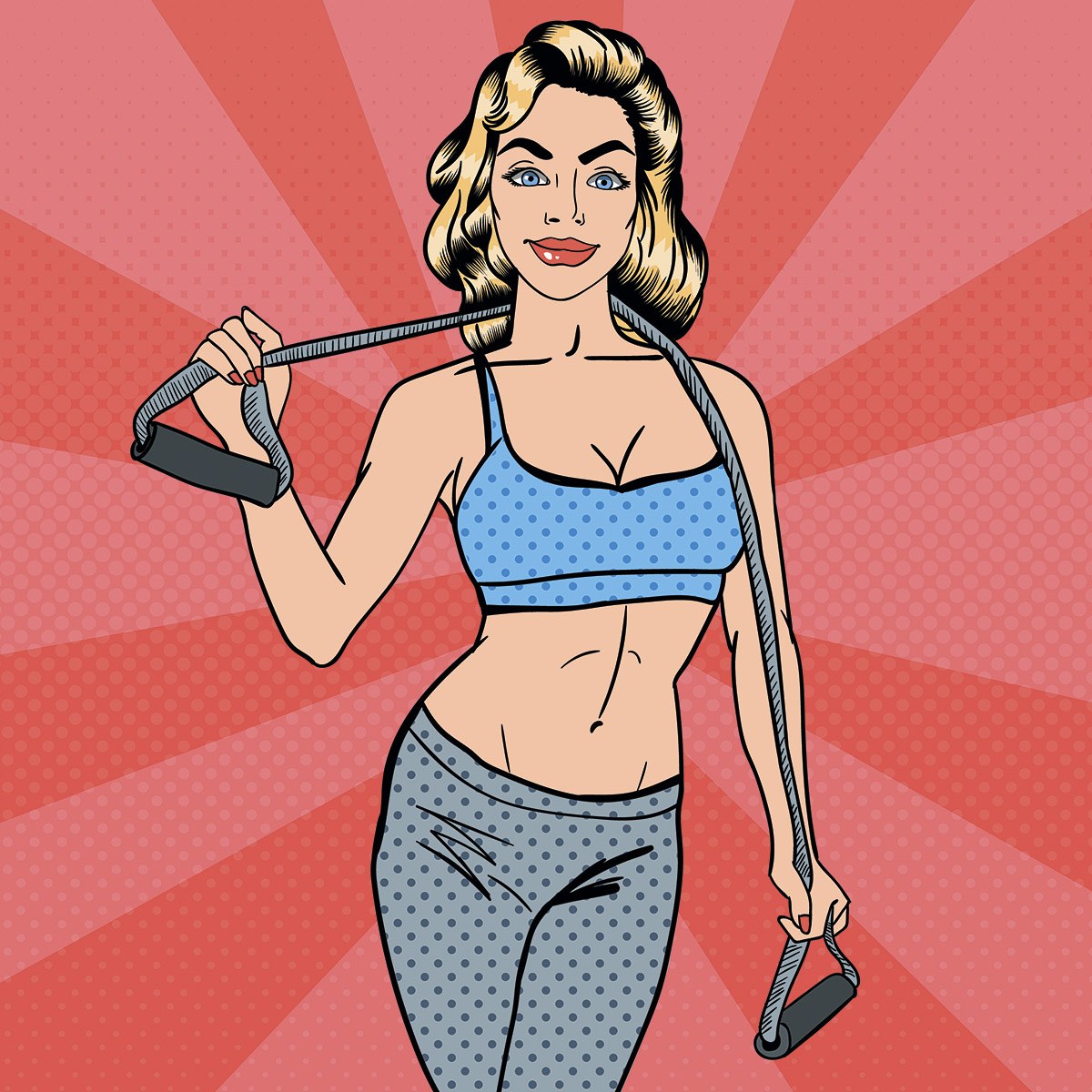 Picture of a cute woman with a chest expander in her hands