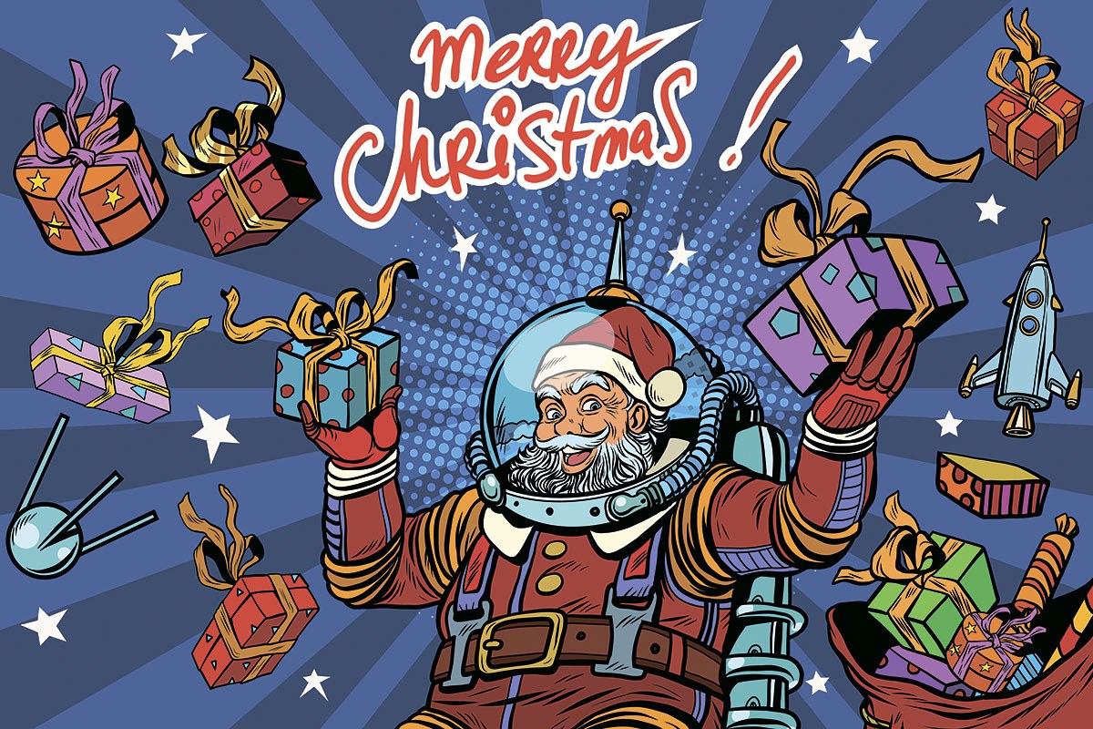Santa Claus dressed as an astronaut congratulates everyone on Merry Christmas