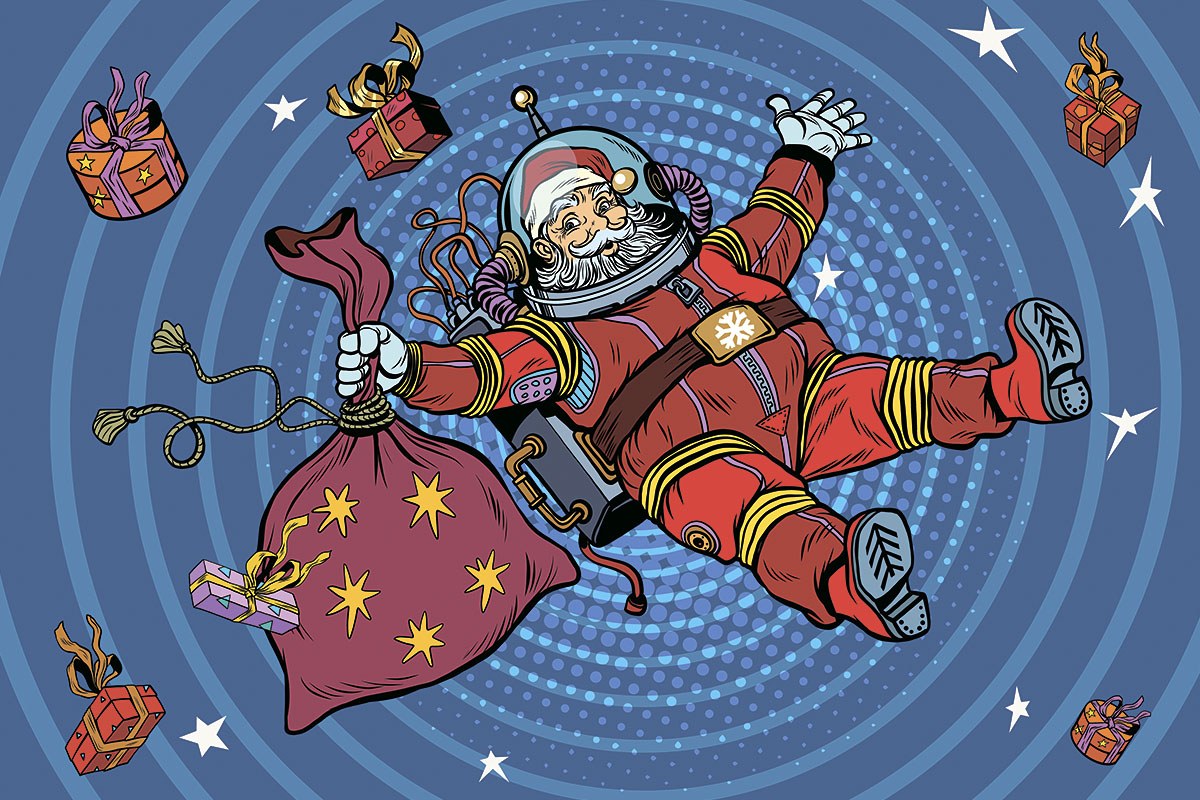 Funny picture of Santa Claus in space with flying gifts