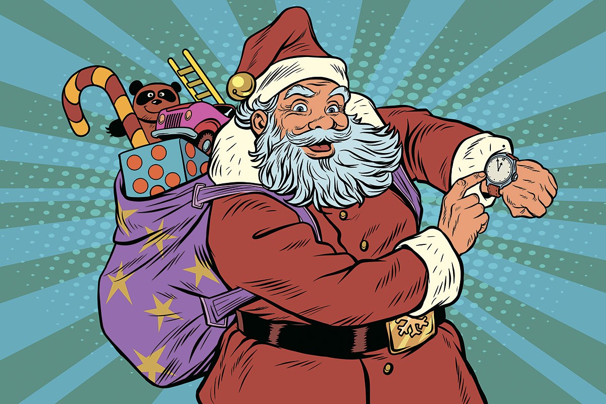 Happy Santa Claus with a bag of gifts
