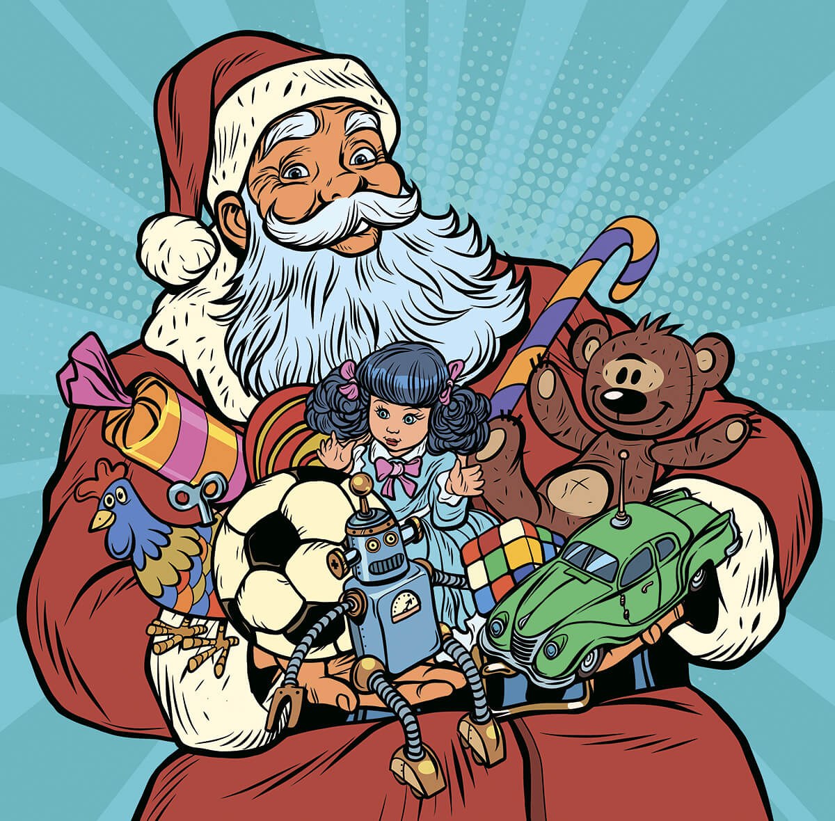 Cute Santa Claus with many gifts in his hands