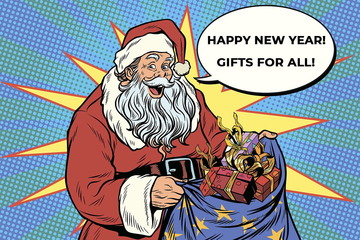 Picture of a funny Santa Claus with a big bag of gifts for everyone