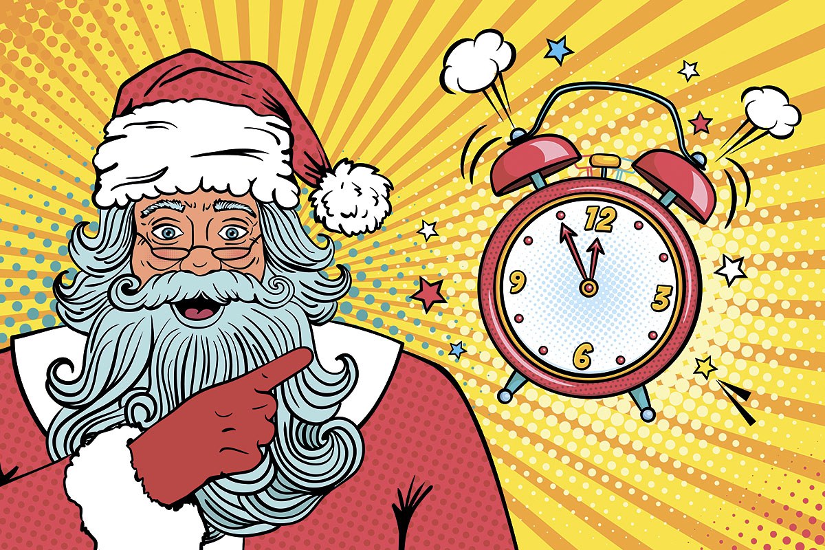 Santa Claus points his finger at the clock and says that there are five minutes left until the New Year