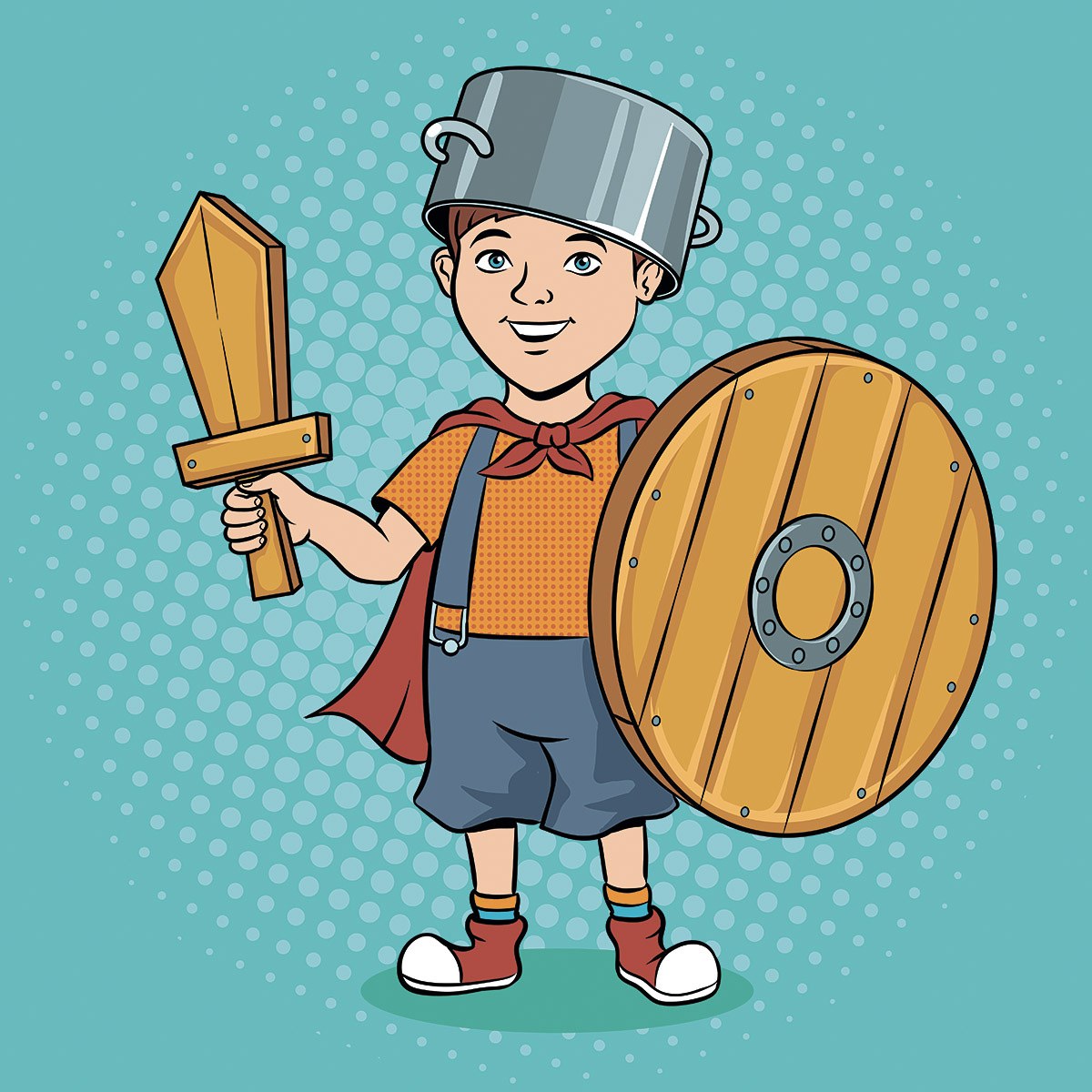 Happy boy with wooden sword and shield in hands