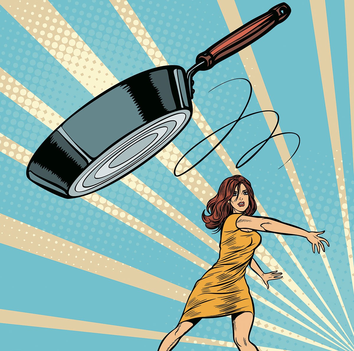 Picture of an angry woman throwing a frying pan