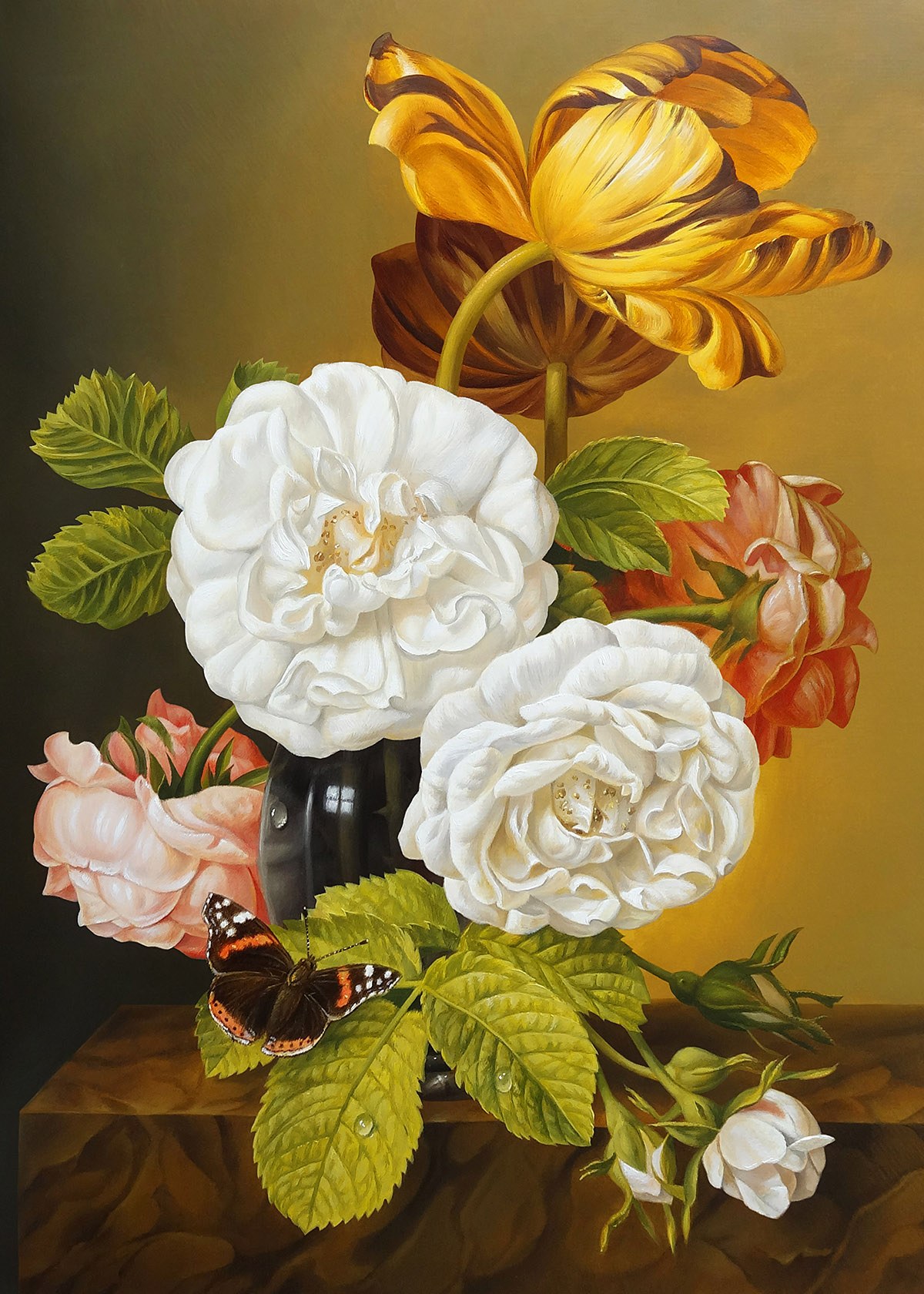 Oil painting with gorgeous flowers in a vase